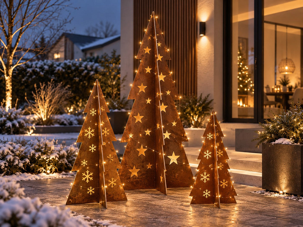 Weihnachtsbaum aus Cortenstahl – mit Sternen und Schneeflocken (80 / 120 / 180 cm)