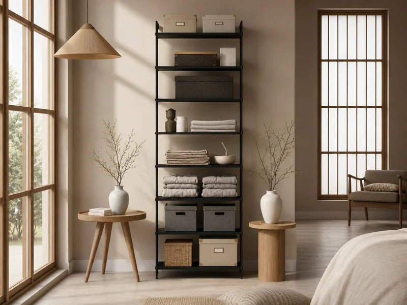 AXIS Regal aus schwarz lackiertem Stahl mit Textilien, Aufbewahrungsboxen und Dekoration im Schlafzimmer.
