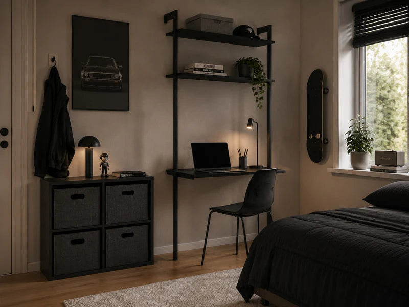 AXIS Schreibtischsystem aus schwarz lackiertem Stahl mit Arbeitsfläche und Regalböden im Schlafzimmer.