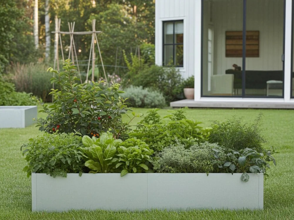 byJEMA CUBY Hochbeet aus verzinktem Stahl mit Pflanzen im modernen Garten