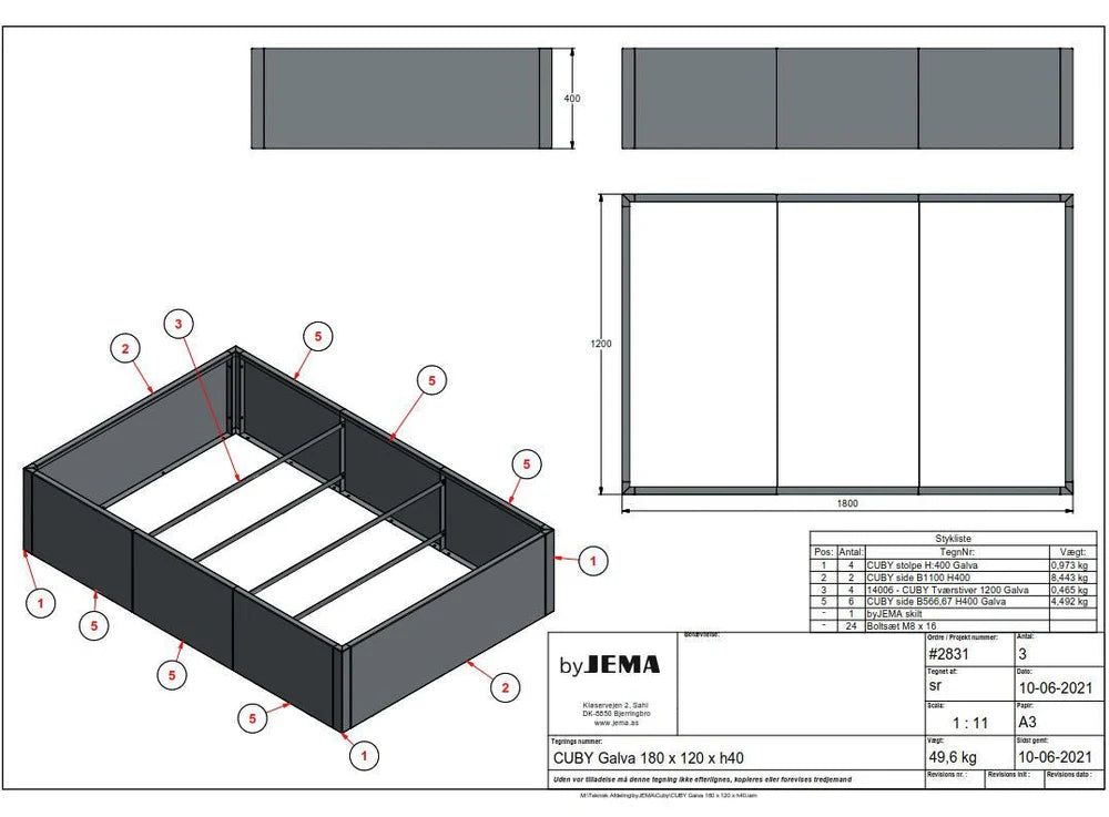 Technische Zeichnung eines byJEMA CUBY Hochbeets aus verzinktem Stahl nach Sondermaß