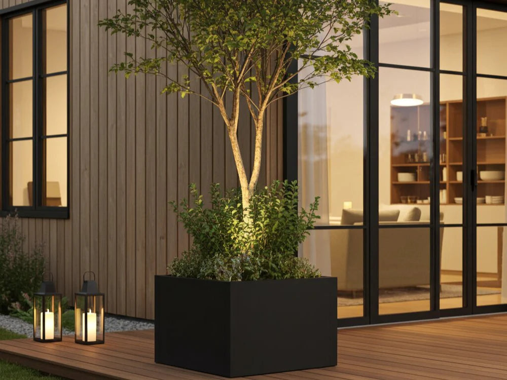 byJEMA CUBY Pflanzkübel aus schwarz pulverbeschichtetem Stahl mit Baum und Beleuchtung auf Holzterrasse