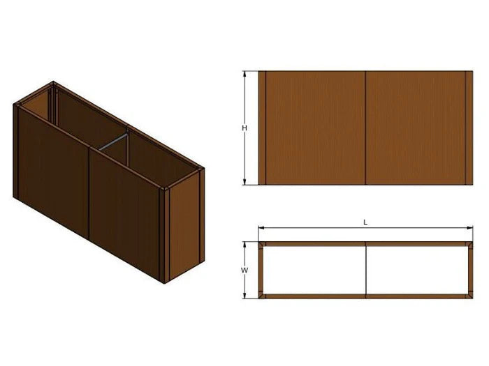 Technische Skizze eines byJEMA CUBY Pflanzkübels aus Cortenstahl nach Maß