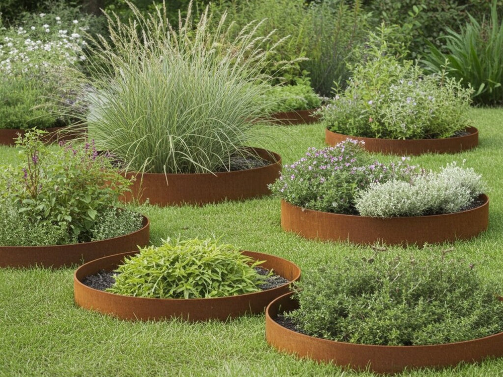 Runde Beeteinfassung aus Cortenstahl von byJEMA nach Maß mit Stauden und Ziergräsern