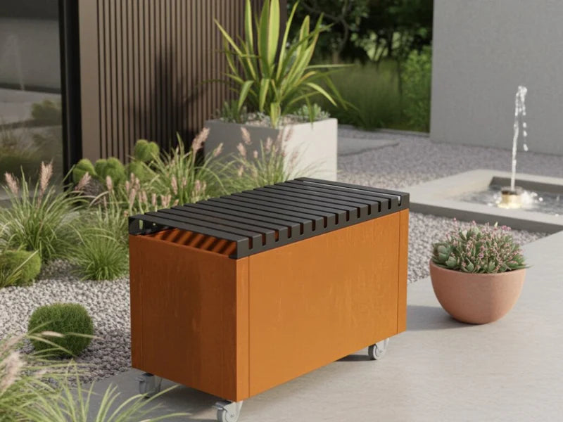 CUBY Auflagebank 80 cm aus Cortenstahl mit Rollen