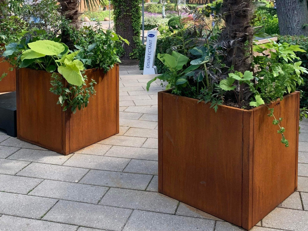 CUBY Pflanzkästen aus Cortenstahl mit grüner Bepflanzung auf gepflastertem Platz