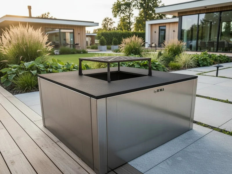 CUBY Feuergrill aus verzinktem Stahl im stilvollen Designgarten mit Terrasse