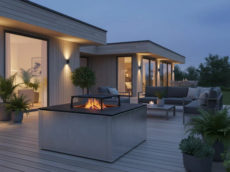 CUBY Feuergrill aus verzinktem Stahl mit Flammen auf Terrasse in Abendstimmung