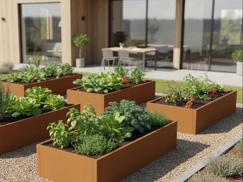 CUBY Hochbeet aus Cortenstahl mit mehreren Hochbeeten im Garten