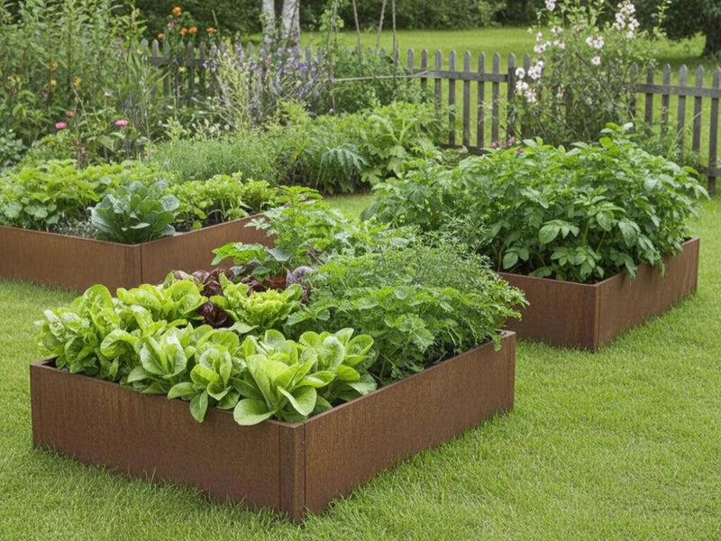 CUBY Hochbeet aus Cortenstahl im strukturierten Garten mit Zaun