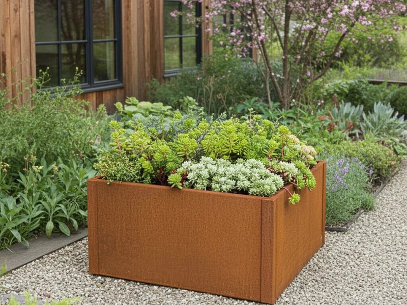 Quadratischer Pflanzkasten aus Cortenstahl von CUBY mit Sedum vor Holzhaus