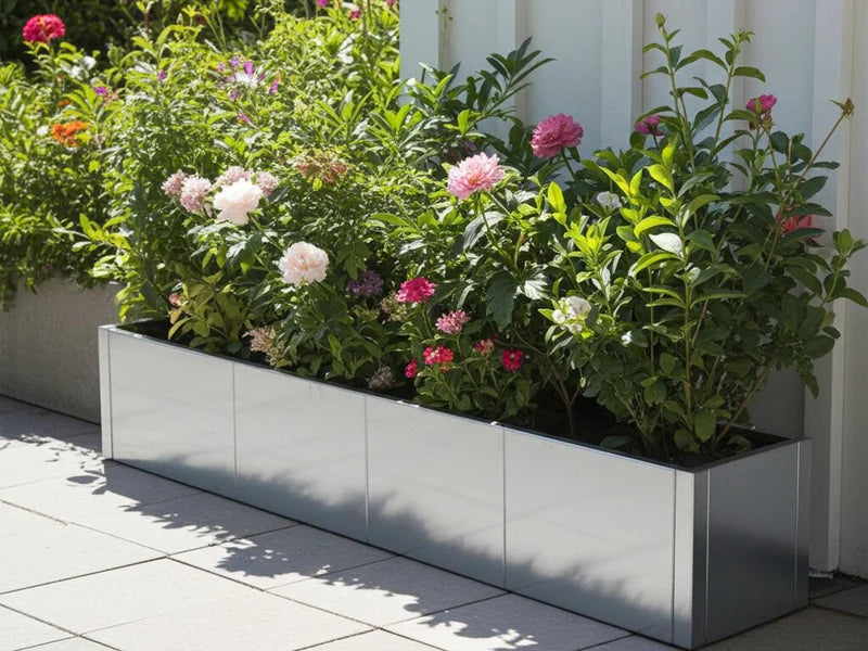 Langer Pflanzkasten aus verzinktem Stahl von CUBY mit blühenden Pflanzen