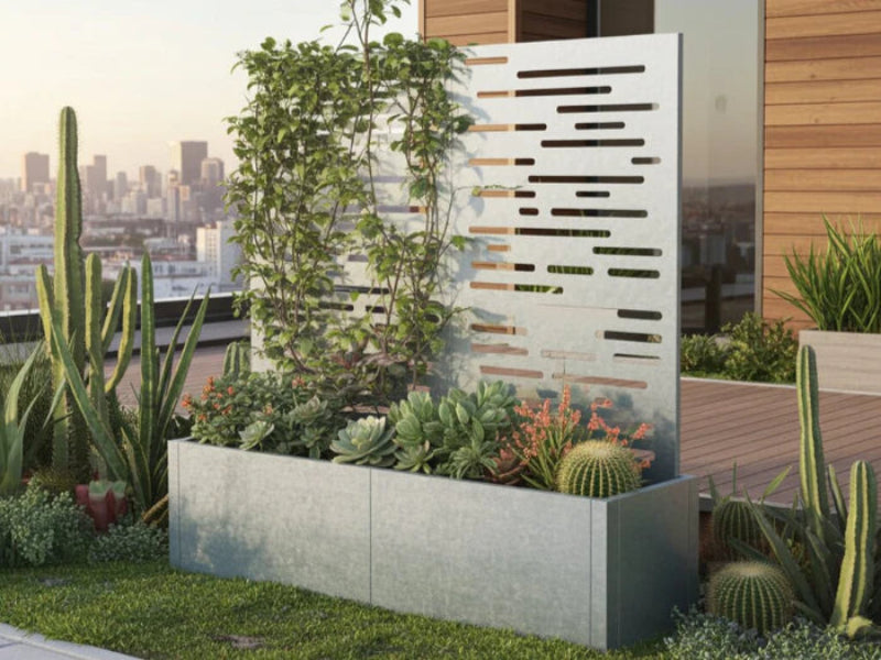 CUBY Pflanzkasten aus verzinktem Stahl mit Rankhilfe auf Dachterrasse