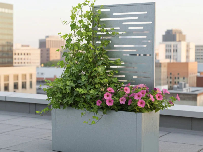 Pflanzkasten aus verzinktem Stahl von CUBY mit Rankhilfe und Pflanzen