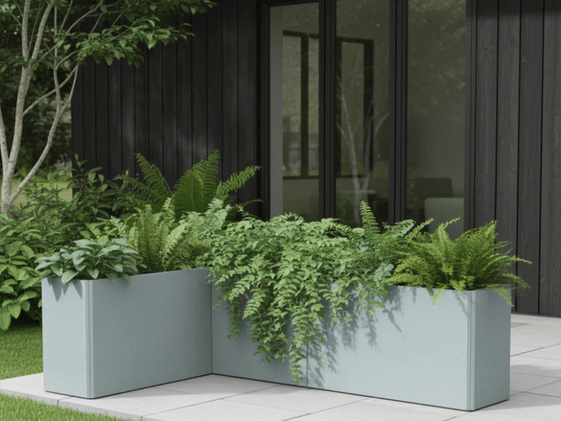 EDGY Eck-Pflanzkübel aus verzinktem Stahl mit Farnen