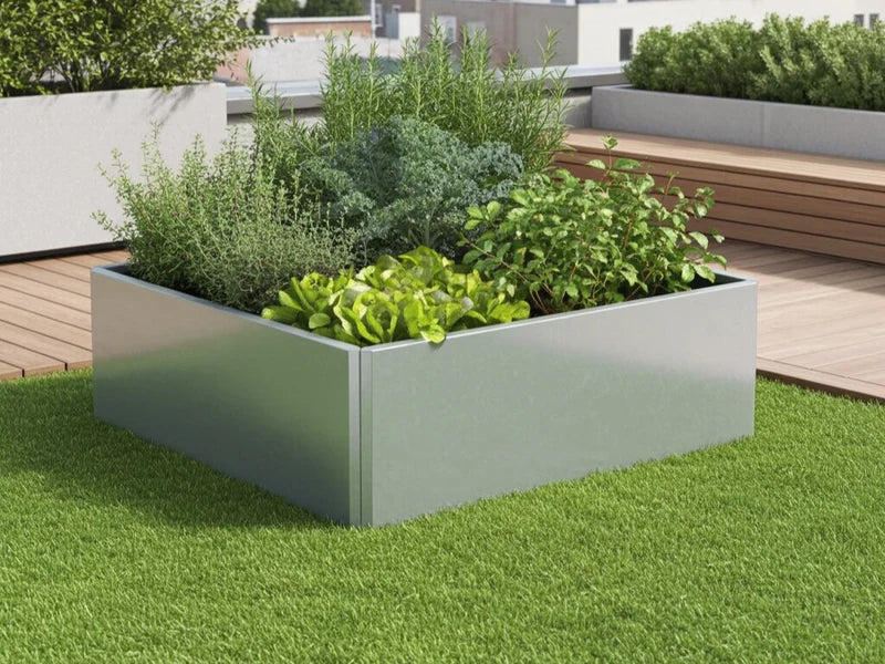 Quadratisches EDGY Hochbeet mit dichter Bepflanzung auf einer Dachterrasse