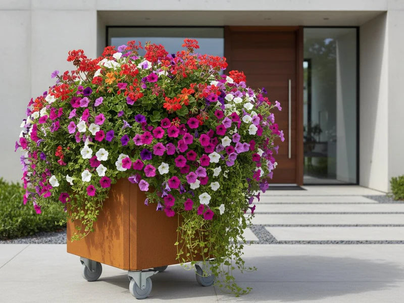 Pflanzkasten aus Cortenstahl mit Rollen und bunten Blumen vor moderner Architektur