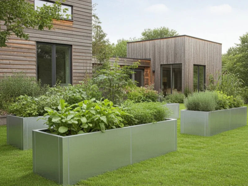 Hochbeete aus verzinktem Stahl mit Kräutern im Garten bei moderner Villa und Terrasse