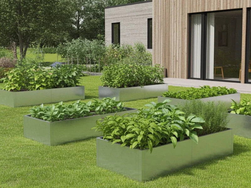 Hochbeete aus verzinktem Stahl mit Kräutern und Gemüse im modernen Garten