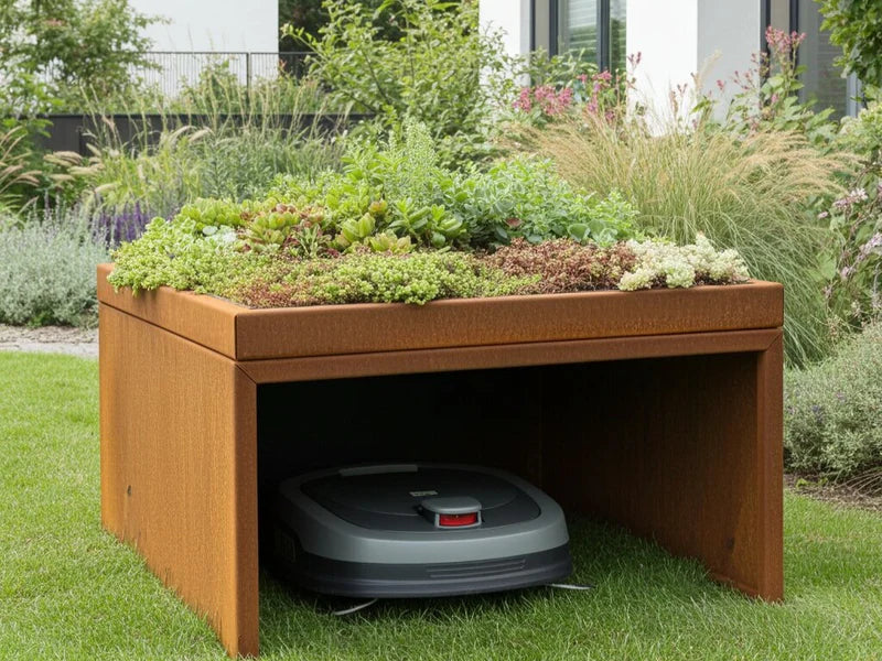 Mähroboter Garage aus Cortenstahl mit Sedumdach im Garten integriert