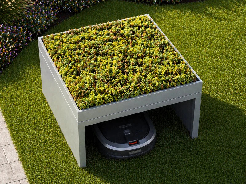 Mähroboter Garage aus verzinktem Stahl mit bepflanzter Oberfläche