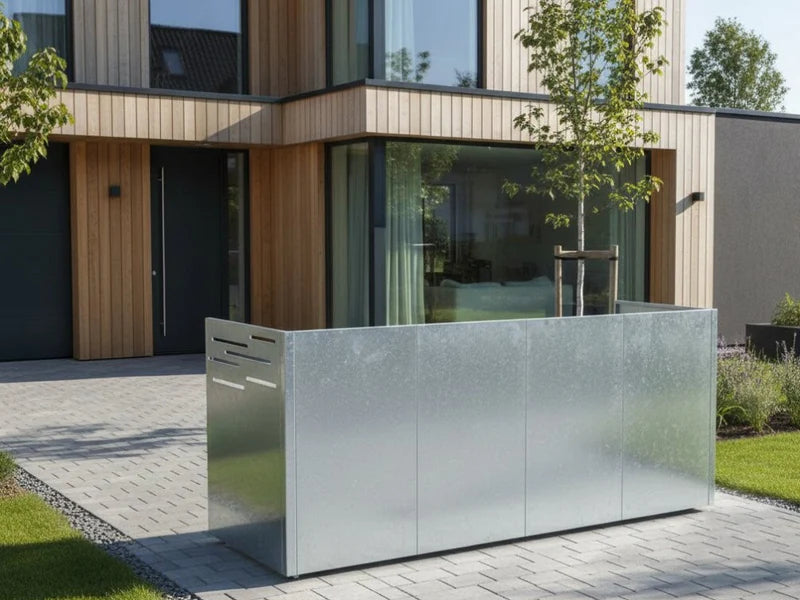 Mülltonnenverkleidung aus verzinktem Stahl vor modernem Haus