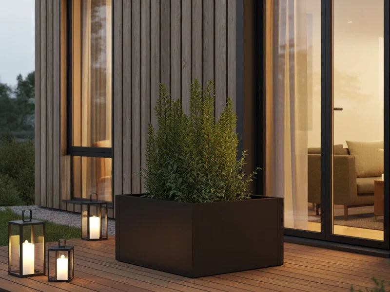 Schwarzer Pflanzkasten aus Stahl mit Sträuchern bei Abendbeleuchtung