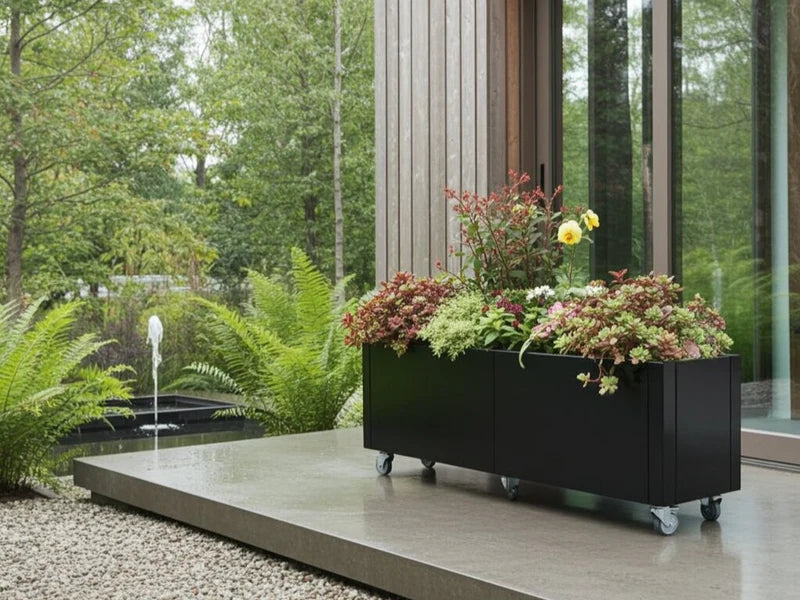 Pflanzkasten aus schwarzem Stahl auf Rollen mit Blumen und Grünpflanzen