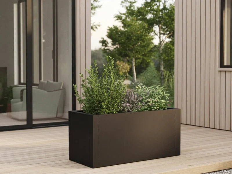 Pflanzkasten aus schwarzem Stahl mit Sträuchern und Stauden auf Terrasse