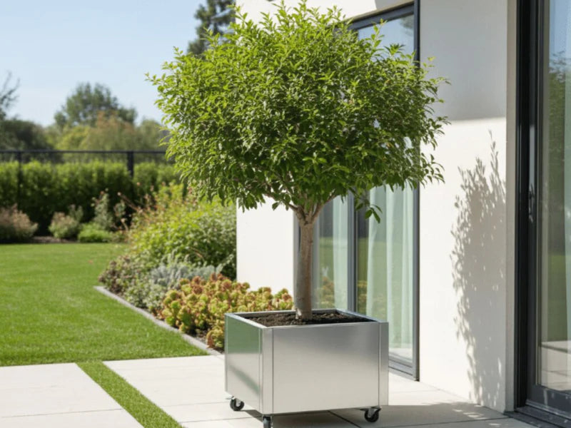 Pflanzkasten aus verzinktem Stahl mit Baum auf Rollen neben Terrasse