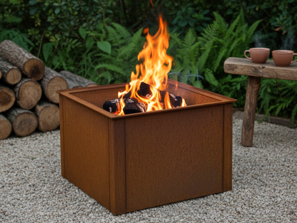 Quadratische Feuerstelle aus Cortenstahl mit offenem Holzfeuer, platziert auf Kiesfläche mit Brennholzstapel und grüner Gartenbepflanzung im Hintergrund.