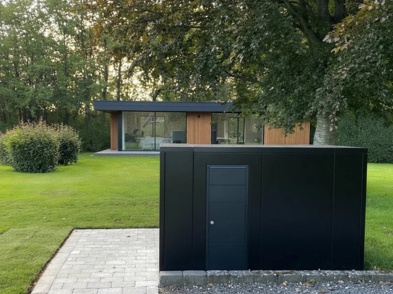 Mülltonnenverkleidung aus schwarz lackiertem Stahl mit klarem Design