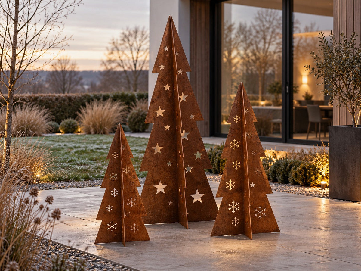 Weihnachtsbaum aus Cortenstahl – mit Sternen und Schneeflocken (80 / 120 / 180 cm)