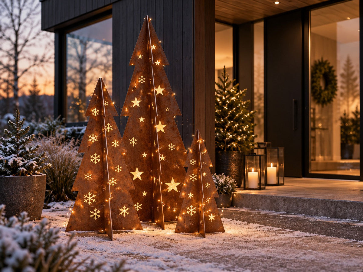 Weihnachtsbaum aus Cortenstahl – mit Sternen und Schneeflocken (80 / 120 / 180 cm)