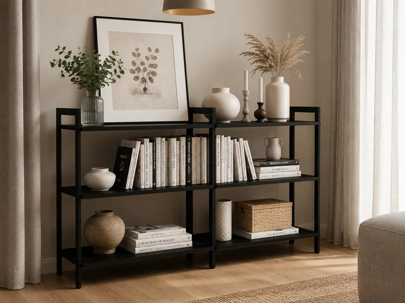 AXIS Regal aus schwarz lackiertem Stahl mit Büchern, Vasen und Aufbewahrungskörben im Wohnbereich.
