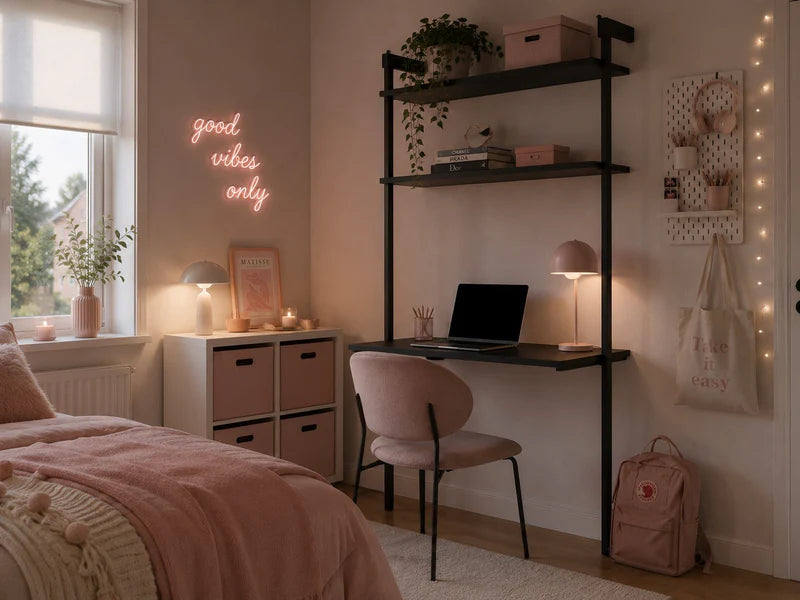 AXIS Schreibtischsystem aus schwarz lackiertem Stahl mit Arbeitsplatz und Regalböden im Jugendzimmer.
