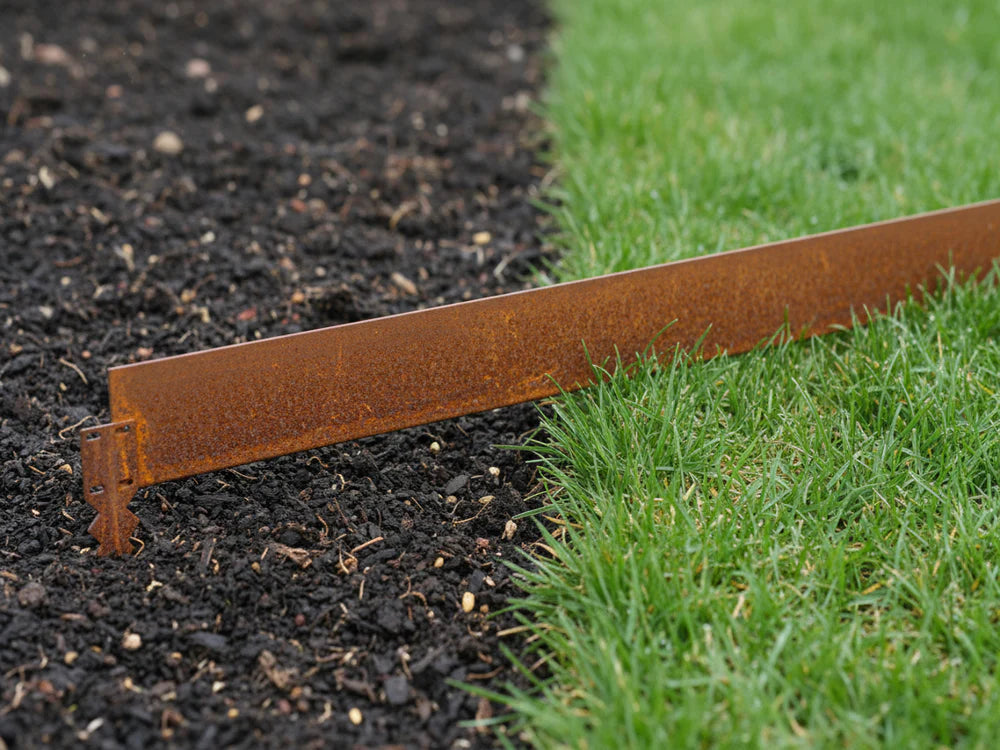 Beetkante aus Cortenstahl mit Verbindungspfahl von byJEMA zur stabilen Befestigung zwischen Rasen und Beet