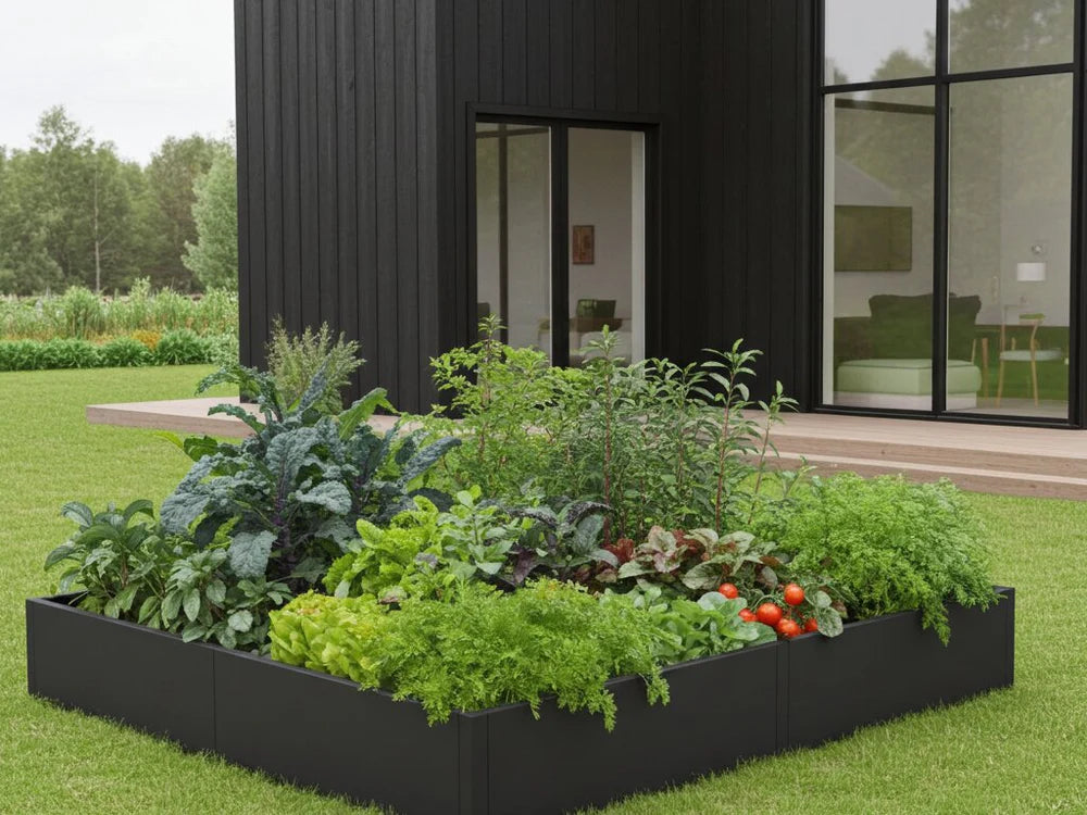 byJEMA CUBY Hochbeet aus schwarz pulverbeschichtetem Stahl mit Gemüse im Gemüsegarten