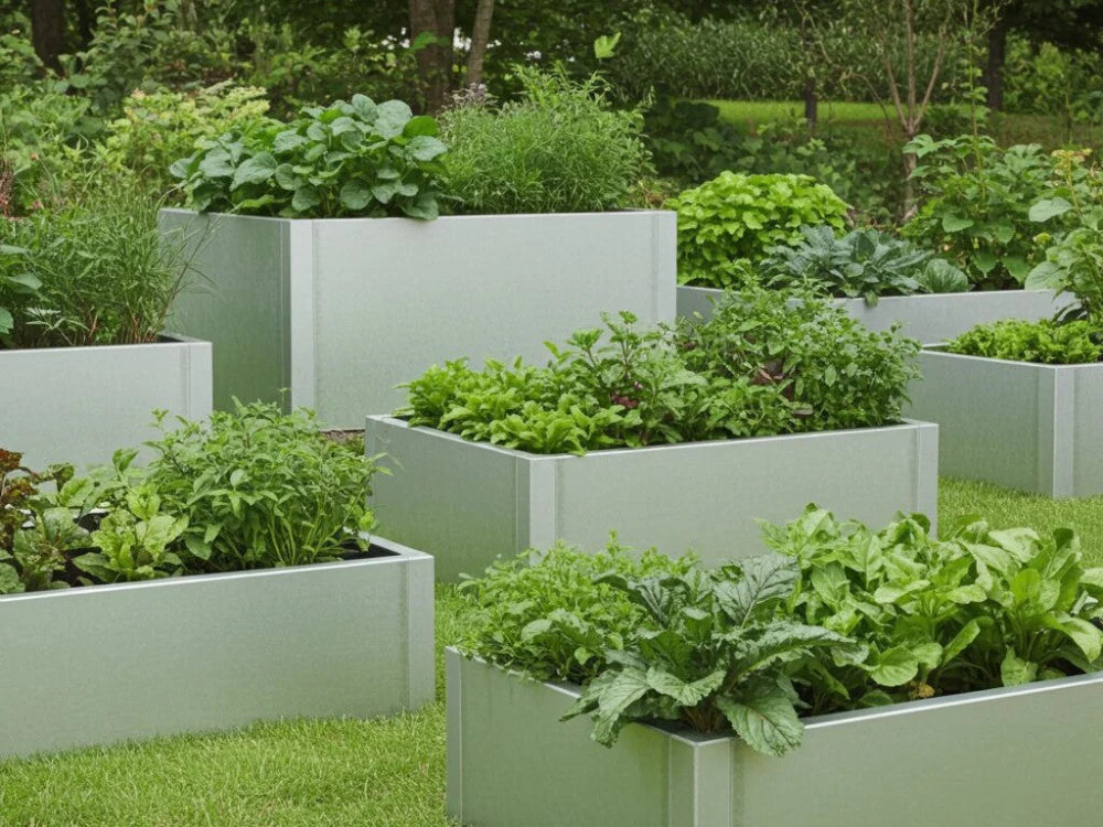 byJEMA CUBY Hochbeete aus verzinktem Stahl im Gemüsegarten mit Gemüse und Kräutern