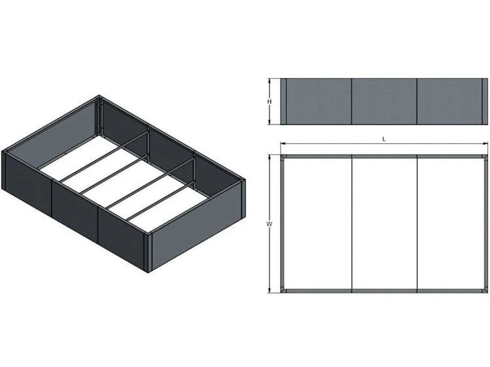 Maßskizze eines byJEMA CUBY Hochbeets aus verzinktem Stahl mit Länge, Breite und Höhe