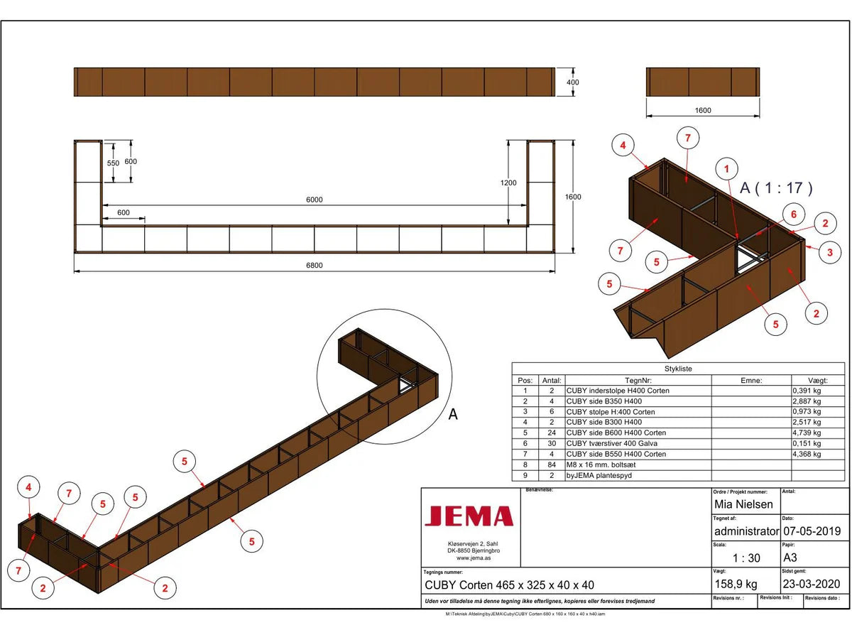 Technische Zeichnung eines L-förmigen byJEMA Pflanzkübels aus Cortenstahl mit modularer Bauweise