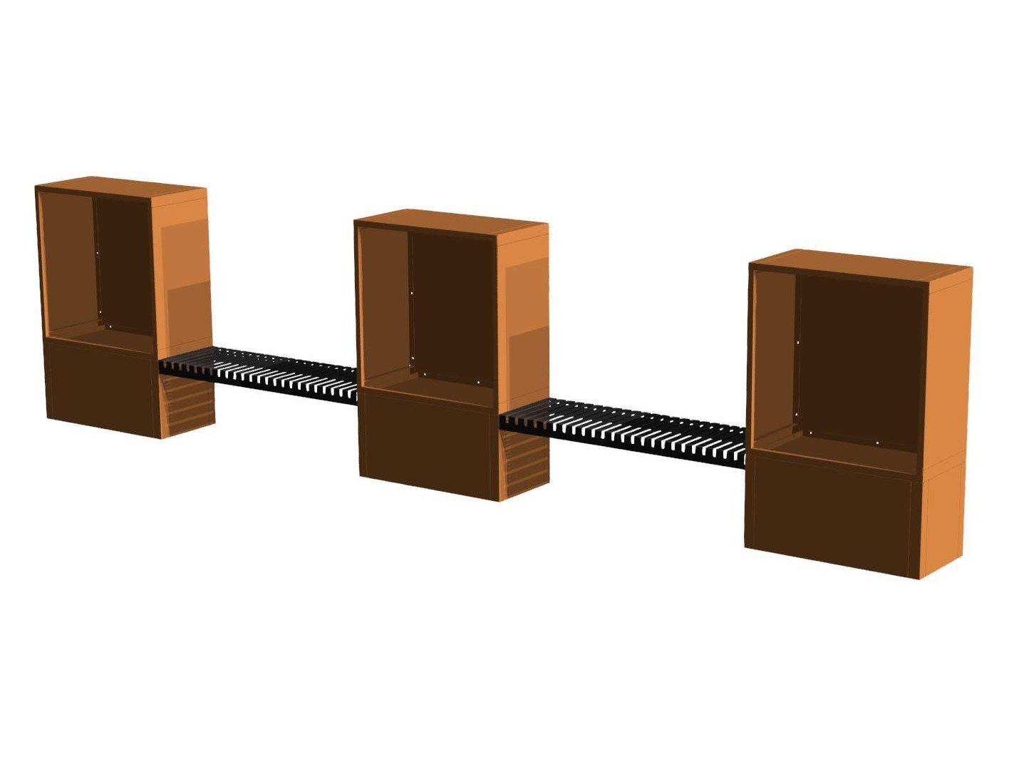 3D-Visualisierung eines modularen Holzlagers aus Cortenstahl mit Sitzbank