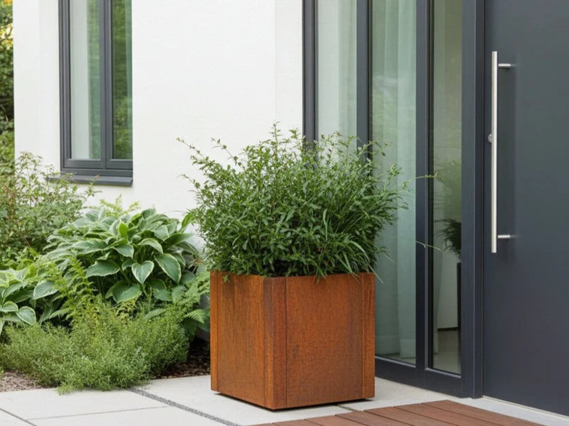 Quadratischer Pflanzkasten aus Cortenstahl von CUBY am Hauseingang