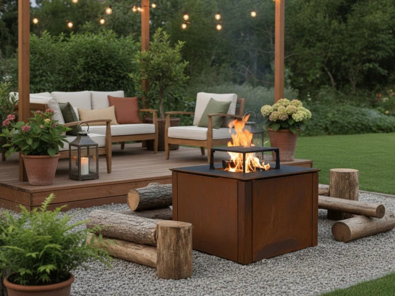 CUBY Feuergrill aus Cortenstahl an einer gemütlichen Feuerstelle im Garten mit Holzstämmen