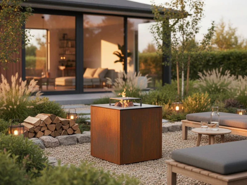 CUBY Feuergrill aus Cortenstahl mit Flammen im modernen Garten