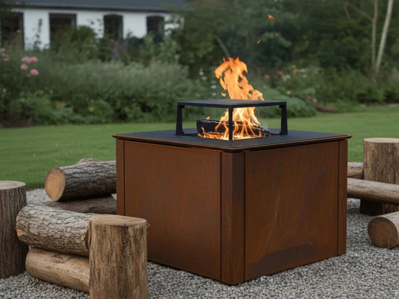 CUBY Feuergrill aus Cortenstahl mit sichtbaren Flammen im grünen Naturgarten