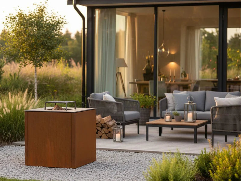 CUBY Feuergrill aus Cortenstahl im Garten mit Laternen und gemütlicher Sitzecke