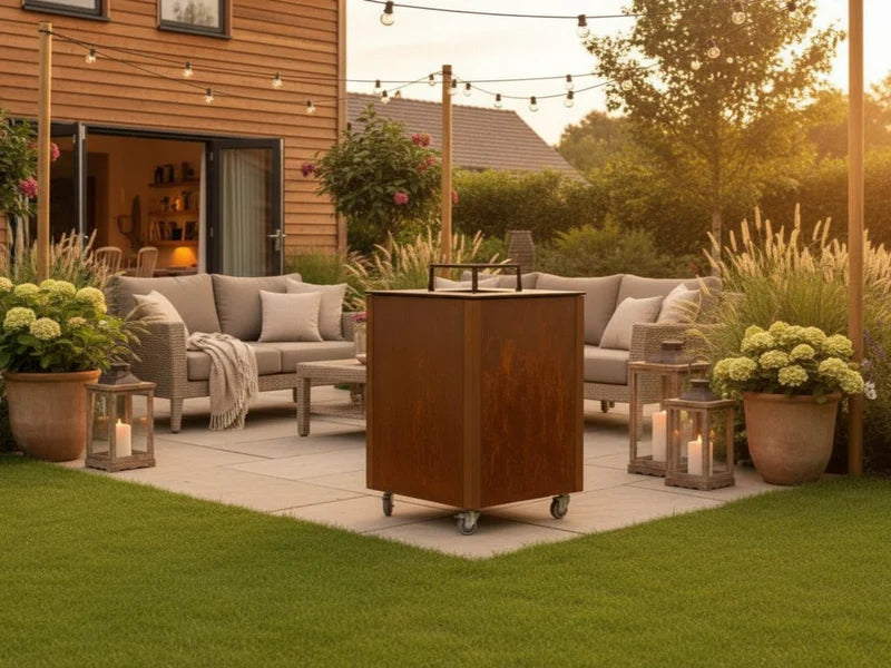 CUBY Feuergrill aus Cortenstahl im stimmungsvollen Garten bei Sonnenuntergang