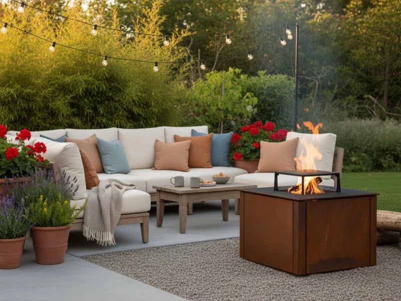 CUBY Feuergrill aus Cortenstahl im stilvollen Loungebereich mit Sofa und Lichterkette