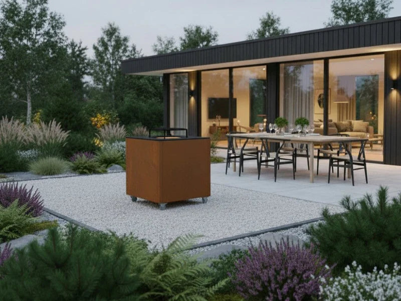 CUBY Feuergrill aus Cortenstahl in modernem Garten mit Architektur und Terrasse